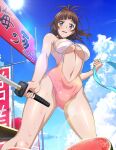  1girl bachou_mouki bare_arms bare_legs blue_sky breasts brown_eyes brown_hair casual_one-piece_swimsuit cloud day floating_hair food from_below fruit gradient_swimsuit high_ponytail holding holding_sword holding_weapon ikkitousen katana large_breasts long_hair looking_at_viewer navel one-piece_swimsuit open_mouth outdoors pink_one-piece_swimsuit shiny shiny_hair shiny_skin sky solo sun sunlight swimsuit sword underboob watermelon wavy_mouth weapon white_one-piece_swimsuit 