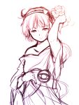  1girl arm_up armpit_peek bangs closed_mouth expressionless flat_chest flower hair_ornament hairband heart heart_hair_ornament komeiji_satori leaf looking_at_viewer messy_hair monochrome off_shoulder rangycrow rose short_hair simple_background single_bare_shoulder sketch solo third_eye touhou upper_body white_background 