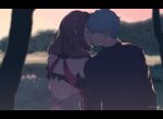  1boy 1girl black_border black_shirt blue_hair blurry blurry_background border brown_hair caspar_von_bergliez closed_eyes couple dorothea_arnault fire_emblem fire_emblem:_three_houses from_behind hetero highres kh_(tanakananataka) kiss letterboxed long_hair long_sleeves outdoors profile shiny shiny_hair shirt short_hair shoulder_blades twitter_username 