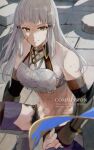  1girl absurdres bangs commission fate/grand_order fate_(series) highres injury long_hair looking_at_viewer minoe08 penthesilea_(fate) smile solo squatting white_hair yellow_eyes 