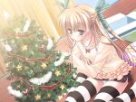  1girl amakusa_tobari bangs black_skirt blonde_hair blue_eyes blush christmas christmas_tree closed_mouth dutch_angle game_cg green_ribbon hair_between_eyes hair_ribbon hamashima_shigeo hirose_yui indoors long_hair long_sleeves miniskirt panties pantyhose ribbon sentinel_(clockup) shiny shiny_hair shirt skirt smile solo striped striped_thighhighs thighhighs twintails underwear very_long_hair white_panties yellow_shirt 