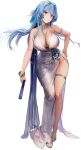  1girl alternate_costume armlet bangs bare_shoulders blue_eyes blue_hair blush bracelet braid breasts cleavage closed_mouth collarbone commentary_request dress earrings folded_fan folding_fan full_body goddess_of_victory:_nikke gold_trim hair_ornament hand_fan hand_on_hip helm_(nikke) highres holding jewelry kkuem large_breasts long_hair looking_at_viewer necklace official_art shiny shiny_hair shiny_skin side_slit simple_background sleeveless sleeveless_dress solo thigh_strap thighs toeless_footwear toes white_background 