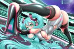 aqua_eyes aqua_hair ass boots breasts from_behind hair_ornament hatsune_miku hatsune_miku_(append) headset high_heels highres jack-o&#039;_challenge long_hair looking_back navel pilen spread_legs thigh_boots thighs twintails very_long_hair vocaloid vocaloid_append 