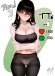  1girl :s absurdres alternate_hairstyle bangs bare_shoulders black_hair black_pantyhose blush breasts cleavage closed_mouth collarbone cowboy_shot crossed_arms crotch_seam earrings green_background hair_down highres jewelry large_breasts long_hair looking_away looking_to_the_side navel nose_blush panties panties_under_pantyhose pantyhose red_eyes signature skindentation solo sports_bra spy_x_family thigh_gap thighband_pantyhose two-tone_background underwear white_background white_panties yor_briar zasshu 