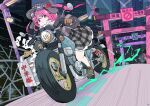  1girl black_eyes delivery eyewear_on_head food gloves ground_vehicle hat highres holding jacket long_sleeves motor_vehicle motorcycle multiple_torii noodles on_motorcycle original outdoors pap86 pink_hair ramen riding road shoes skirt sneakers solo torii wheel 