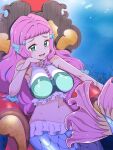  1girl :d alternate_breast_size aqua_eyes bracelet breasts chair commentary_request covered_nipples hair_ornament head_fins highres jewelry large_breasts laura_la_mer long_hair looking_at_viewer mermaid midriff monster_girl navel open_mouth pink_hair precure revision sitting smile solo thick_eyebrows tropical-rouge!_precure underwater zootan 