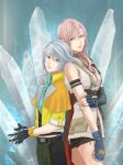  1boy 1girl 826hopelight armlet ascot back-to-back crystal final_fantasy final_fantasy_xiii fingerless_gloves gloves grey_hair holding_own_arm hope_estheim jacket lightning_farron miniskirt short_hair skirt smile standing 