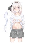  1girl absurdres alternate_costume atodashi blue_eyes clothes_lift dolphin_shorts embarrassed grey_shorts hair_ornament highres konpaku_youmu konpaku_youmu_(ghost) lifted_by_self navel shirt shirt_lift short_hair shorts solo touhou white_background white_hair white_shirt 