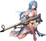  1girl alternate_costume anti-materiel_rifle armlet bangs bare_shoulders blue_eyes blue_hair braid breasts collarbone dress earrings full_body goddess_of_victory:_nikke gun hair_ornament helm_(nikke) highres holding holding_weapon jewelry kkuem kneeling large_breasts long_hair necklace official_art rifle shiny shiny_hair shiny_skin side_slit simple_background sleeveless sleeveless_dress sniper_rifle solo thigh_strap thighs toeless_footwear toes weapon white_background 