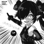  1girl artist_name backbeako backbeard blush breasts clenched_hand commentary dated dress elbow_gloves emphasis_lines gegege_no_kitarou gloves hair_over_one_eye hair_ribbon kono_lolicon_domome long_hair looking_at_viewer meme monochrome open_mouth original pointing pointy_ears ribbon simple_background sleeveless sleeveless_dress slit_pupils small_breasts smile solo torotei translated twintails twitter_username two_soyjaks_pointing_(meme) upper_body white_background 
