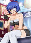  1girl alternate_costume bangs bare_shoulders black_gloves black_shorts blue_hair blunt_bangs bob_cut breasts cleavage collarbone eyepatch gloves green_eyes ikkitousen indoors large_breasts midriff mole mole_under_mouth museum open_mouth ryomou_shimei shiny shiny_hair shiny_skin short_hair short_shorts shorts sitting solo stomach strapless thighhighs white_thighhighs zettai_ryouiki 
