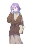  1girl bag bangs blue_eyes blush breasts brown_jacket coffeekite contemporary dress fate/extra fate/extra_ccc fate/grand_order fate_(series) grey_dress highres jacket kon_(fate) long_hair long_sleeves looking_at_viewer meltryllis_(fate) purple_hair shoulder_bag small_breasts smile solo turtleneck_dress very_long_hair 