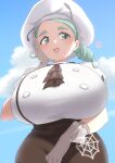  1girl absurdres aqua_eyes aqua_hair ascot beret breasts brown_skirt from_below gloves hand_on_own_cheek hand_on_own_face hat heart highres huge_breasts ikutomipizza katy_(pokemon) mole mole_on_cheek pokemon pokemon_(game) pokemon_sv skirt twitter_username 