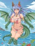  1girl :d bare_shoulders bikini blue_hair blue_sky blush breasts claws cleavage cloud dragon_(monster_girl_encyclopedia) dragon_girl dragon_horns dragon_wings fang horns large_breasts long_hair monster_girl monster_girl_encyclopedia navel open_mouth outdoors scales sky smile solo swimsuit tears_of_dragon wading water wings 