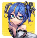  1girl barcode barcode_tattoo blue_eyes blue_hair choker collarbone commentary_request gia looking_at_viewer multicolored_hair orange_hair original semi-rimless_eyewear side_ponytail signature smile solo streaked_hair tattoo two-tone_hair under-rim_eyewear yellow_background 
