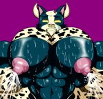  anonymous_artist anthro avocato big_breasts bodily_fluids breasts clenched_teeth cow_costume fake_horns felid final_space horn huge_breasts lactating male mammal muscular muscular_male solo sweat teeth ventrexian whiskers 