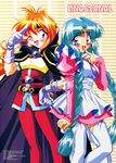  90s araizumi_rui braid canal_vorfeed cape character_name creator_connection crossover dress finger_to_mouth garter_straps gloves green_hair hand_on_hip hayashibara_megumi highres lina_inverse lost_universe multiple_girls official_art one_eye_closed open_mouth orange_hair purple_eyes red_eyes salute seiyuu_connection slayers thighhighs twin_braids white_legwear 