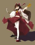  absurdres bad_anatomy bow brown_hair detached_sleeves full_body gohei hair_bow hakurei_reimu highres japanese_clothes long_hair looking_at_viewer mary_janes midriff navel ofuda red_eyes shadow shoes simple_background solo standing standing_on_one_leg thighhighs touhou white_legwear wide_sleeves yammy_(cellblo) 