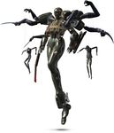  1girl 3d armor cg female floating full_body highres knife marionette mecha metal_gear metal_gear_(series) metal_gear_solid metal_gear_solid_4 multiple_arms power_suit psycho_mantis puppet screaming_mantis simple_background solo the_sorrow weapon white_background 