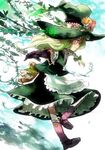 alternate_costume blonde_hair boots braid gloves hat highres jumping kirisame_marisa long_hair ogawa_maiko outstretched_arms petticoat plant profile smile solo spread_arms touhou witch_hat yellow_eyes 