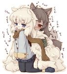  7010 ahoge alpaca-san alpaca_ears animal_ears blue_eyes blush finger_in_mouth fingering grey_hair long_hair multiple_girls original pantyhose red_eyes saliva scarf skirt tail tail_wagging very_long_hair white_hair wolf_ears wolf_tail yuri 