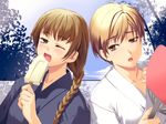  artist_request braid brown_eyes brown_hair fan food hasekura_rei highres japanese_clothes maria-sama_ga_miteru multiple_girls one_eye_closed paper_fan popsicle shimazu_yoshino short_hair single_braid sweat uchiwa 