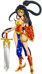  amazon ame-comi armor black_hair boots breasts cleavage dc_comics female full_body headdress high_heels kikisuke_t lasso leotard loincloth long_hair ponytail shield shoulder_pads simple_background solo sword weapon white_background wonder_woman wonder_woman_(series) 