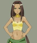  arc_the_lad arc_the_lad_ii breasts brown_hair female green_eyes hands_on_hips hosi long_hair midriff sania simple_background solo tan tank_top tanktop 