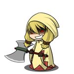  axe blonde_hair chibi double_bladed_axe evil female final_fantasy final_fantasy_tactics full_body gloves grin hood kyokusetu long_hair lowres red_eyes robe simple_background smile solo weapon white_background white_mage white_mage_(fft) 