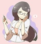  ;) flower glasses hair_ornament hairclip heart labcoat long_hair makomo_(pokemon) one_eye_closed pencil pokemon pokemon_(game) pokemon_bw purple_hair semi-rimless_eyewear sleeves_rolled_up smile solo under-rim_eyewear upper_body 