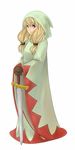  blonde_hair braid final_fantasy final_fantasy_tactics final_fantasy_tactics:_hakuma_doushi_shibari full_body gloves hair_over_shoulder hands_on_hilt hat holding holding_sword holding_weapon hood kyokusetu long_hair looking_at_viewer low_twintails own_hands_together planted_sword planted_weapon robe simple_background smile solo standing sword twin_braids twintails weapon white_background white_mage white_mage_(fft) 