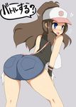  artist_request ass bag baseball_cap bending_over bent_over blue_eyes blush breasts brown_hair denim denim_shorts hat heart looking_back open_mouth pokemon pokemon_(game) pokemon_black_and_white ponytail shorts sweat white_(pokemon) 