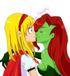  2girls blonde_hair blue_eyes cape dc_comics elbow_gloves eyes_closed female gloves green_skin hairband kikisuke_t leotard long_hair multiple_girls poison_ivy red_hair shirt shocked supergirl surprised yuri 