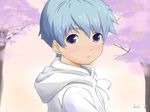  blue_eyes blue_hair blush boy cherry_blossoms cherry_tree child highres hood hoodie jpeg_artifacts male male_focus nature original outdoors rod_(artist) short_hair shota sky solo 