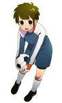  ball boy brown_hair full_body gloves highres inazuma_eleven inazuma_eleven_(series) male male_focus open_mouth short_hair simple_background soccer_ball solo standing tachimukai_yuuki white_background 