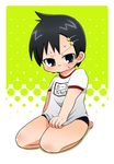  1boy black_eyes black_hair boy child crossdressing embarrassed gym_uniform hair_ornament hairclip kneeling male male_focus mitsudomoe on_knees satou_shin&#039;ya satou_shin'ya short_hair shota sitting 