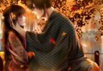  1boy 1girl autumn autumn_leaves black_hair blurry blurry_background blush braid brown_hair dating eyes_closed glasses hair_ornament hand_in_another&#039;s_hair hetero highres izumi_(stardustalone) japanese_clothes kimono leaf leaf_print long_hair looking_at_another maple_leaf original outdoors parted_lips pond profile renri_no_chigiri_wo_kimi_to_shiru wide_sleeves 