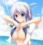  blue_eyes blush braid breasts izayoi_sakuya large_breasts no_nipples silver_hair solo touhou underboob yuzutei 