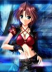  1girl artist_request belt blue_eyes breasts character_request cleavage cross female fingerless_gloves gloves jewelry necklace red_hair solo source_request 