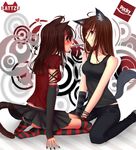  2girls animal_ears blouse blue_eyes brown_eyes brown_hair cat_ears catgirl deviantart heart jeans kattzu long_hair long_nails panties ribbon rings skirt stocking tail tank_top wolfgirl 