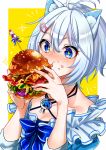  +_+ 1girl animal_ears antenna_hair blue_bow blue_dress blue_eyes blush bow breasts cat_ears cleavage collarbone dennou_shoujo_youtuber_shiro dolphin_pendant dress eating food food_on_face hair_between_eyes hair_ornament hairclip hamburger holding holding_food long_sleeves shiro_(dennou_shoujo_youtuber_shiro) short_hair silver_hair sketch snowman solo tomato virtual_youtuber yellow_background yodare_(3yami8) 