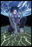  arm_blade black_eyes black_hair blade breasts cloud clouds crack cracks cyborg earth female full_body gally glow glowing gunnm gunnm_last_order kishiro_yukito kneeling looking_at_viewer metal moon painted_face pants pantyhose shoes short_hair solo space star stars tights weapon 