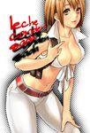  alternate_costume ashley_graham belt bent_over blonde_hair breasts brown_eyes cleavage female front-tie_top halftone_background jacket katotepe katou_teppei lowres midriff pants resident_evil resident_evil_4 short_hair solo white_background 