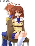  age_difference back-to-back back_to_back bdsm blush bondage bound breast_bondage breasts brown_hair chair clannad duct_tape footwear furukawa_nagisa furukawa_sanae gag highres improvised_gag long_hair mother_and_daughter mouth_taped panties pantyshot rope school_uniform short_hair sitting skirt socks tape tape_gag tapegag tears underwear 