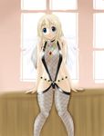  belt blonde_hair blue_eyes fishnets jewelry k-on! kotobuki_tsumugi long_hair mugi navel necklace see-through sitting smile wings 