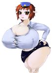  ass blush breasts brown_eyes brown_hair bursting_breasts cleavage curvy fang gigantic_breasts hand_on_hip hand_on_hips hat hips huge_ass impossible_clothes impossible_shirt kleinz original plump pointy_ears shirt short_hair straining_buttons thick_thighs thighs wide_hips 