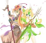  2girls asuka_(fns) blonde_hair blue_eyes fuurai_no_shiren green_eyes multiple_girls pink_hair polearm ponytail riesz seiken_densetsu seiken_densetsu_3 shiren_the_wanderer spear weapon 