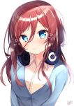 1girl :t absurdres blue_cardigan blue_eyes blush breasts brown_hair closed_mouth go-toubun_no_hanayome hair_between_eyes headphones headphones_around_neck heart heart-shaped_pupils highres large_breasts long_hair long_sleeves looking_at_viewer nakano_miku nenobi_(nenorium) shirt signature simple_background solo symbol-shaped_pupils upper_body white_background white_shirt 