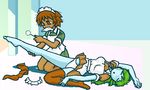  2girls aliasing bangs barefoot blue_skin brown_eyes brown_hair corpse dorei futaba_channel green_hair indoors long_hair lowres maid maid_headdress multiple_girls nijiura_maids pantyshot seiza shitai umisensha white_panties 