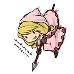  blonde_hair chibi falling female final_fantasy final_fantasy_tactics full_body grin hood kyokusetu long_hair lowres polearm robe smile solo spear weapon white_background white_mage white_mage_(fft) 